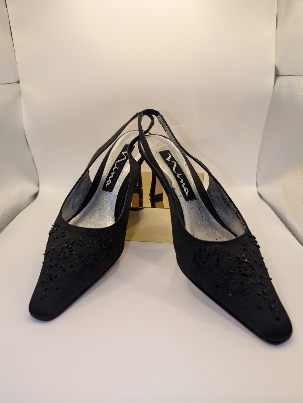 Nina Black Beaded Slingback Kitten Heels 8.5